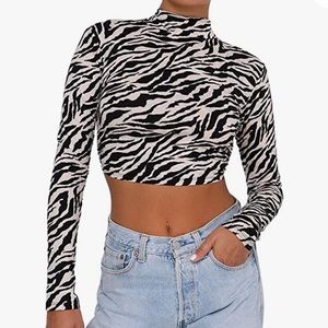 Zebra backless mockneck Long sleeve crop top SMALL